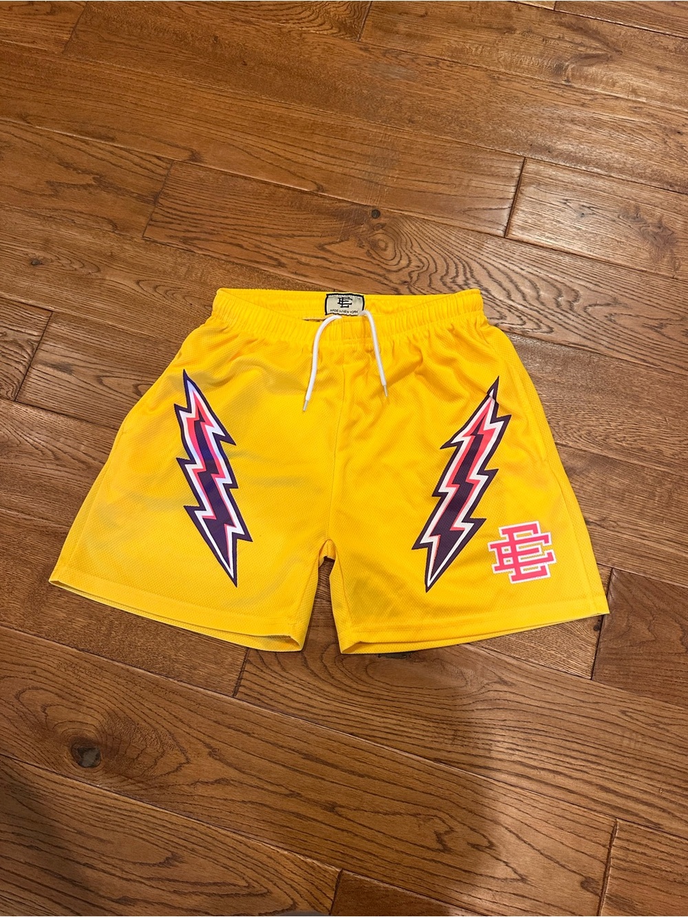 Eric Emanuel Yellow Mesh Athletic Shorts with Pink & Black Lightning